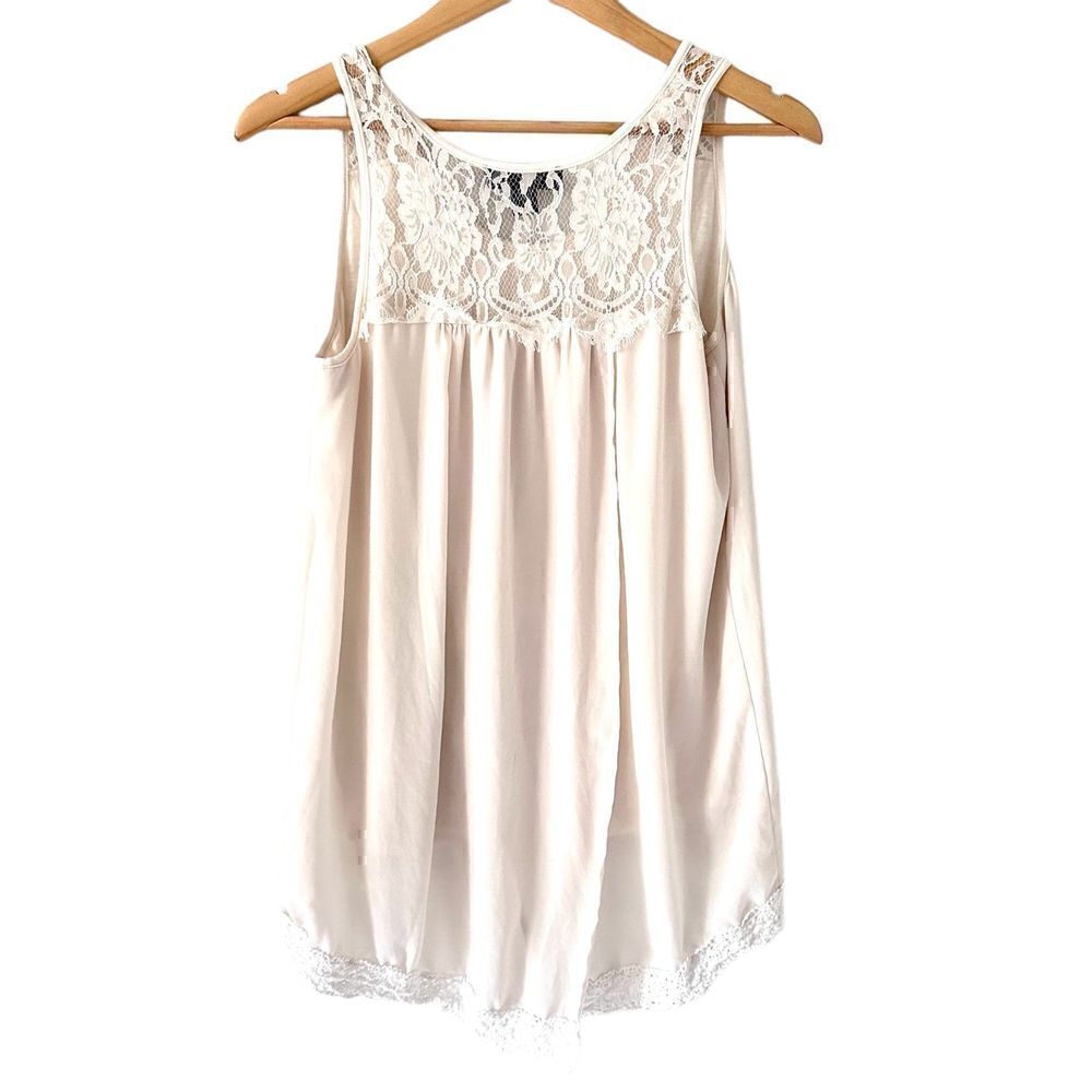 Karen Kane Off White Cream Scoop Neck Silky Lace Trim Tank Top Size S - Picture 2 of 8